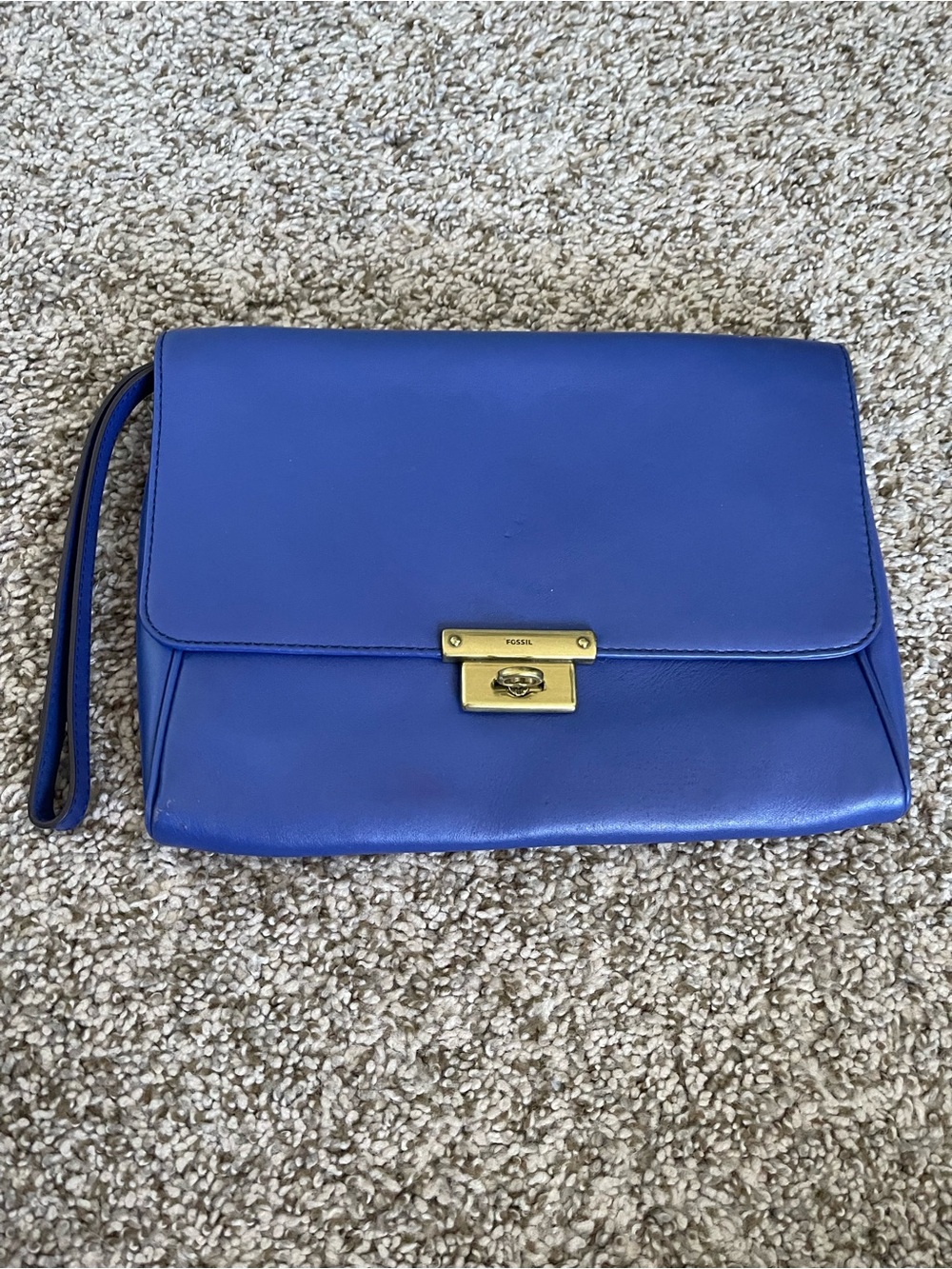 Fossil Cobalt Blue Leather Wristlet Clutch with Gold-Tone Lock